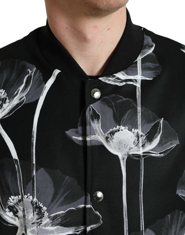 Dolce & Gabbana black floral print wool button-down bomber jacket, stylish outerwear with floral pattern and classic fit.