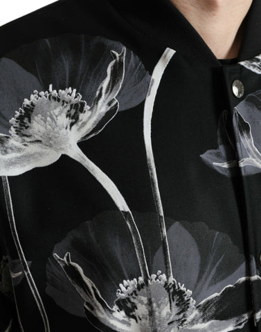 Black floral print wool bomber jacket with button-down front from Dolce & Gabbana, featuring a stylish and contemporary design.