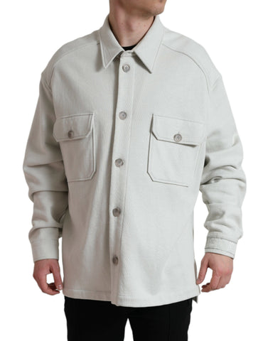 Grey cotton button-down coat jacket with a collared design by Dolce & Gabbana, shown on a hanger.