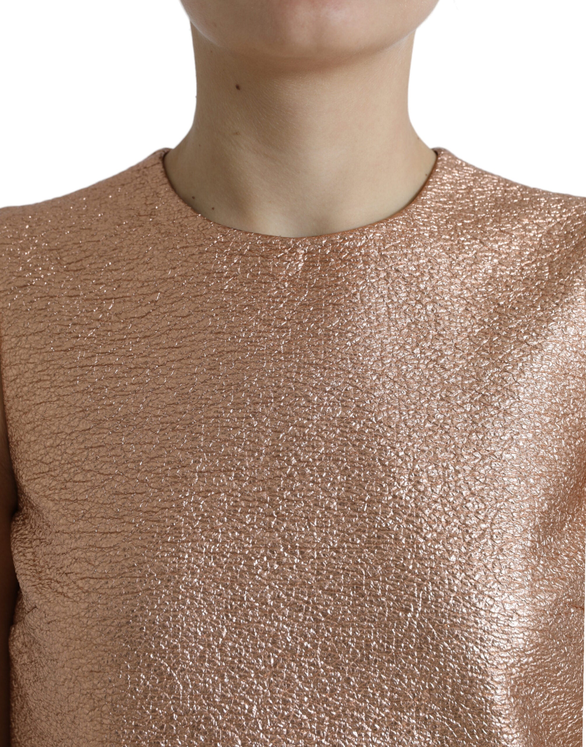 Pink jacquard sleeveless shift mini dress by Dolce & Gabbana, featuring intricate pattern and fitted silhouette.