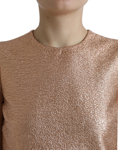 Pink jacquard sleeveless shift mini dress by Dolce & Gabbana, featuring intricate pattern and fitted silhouette.