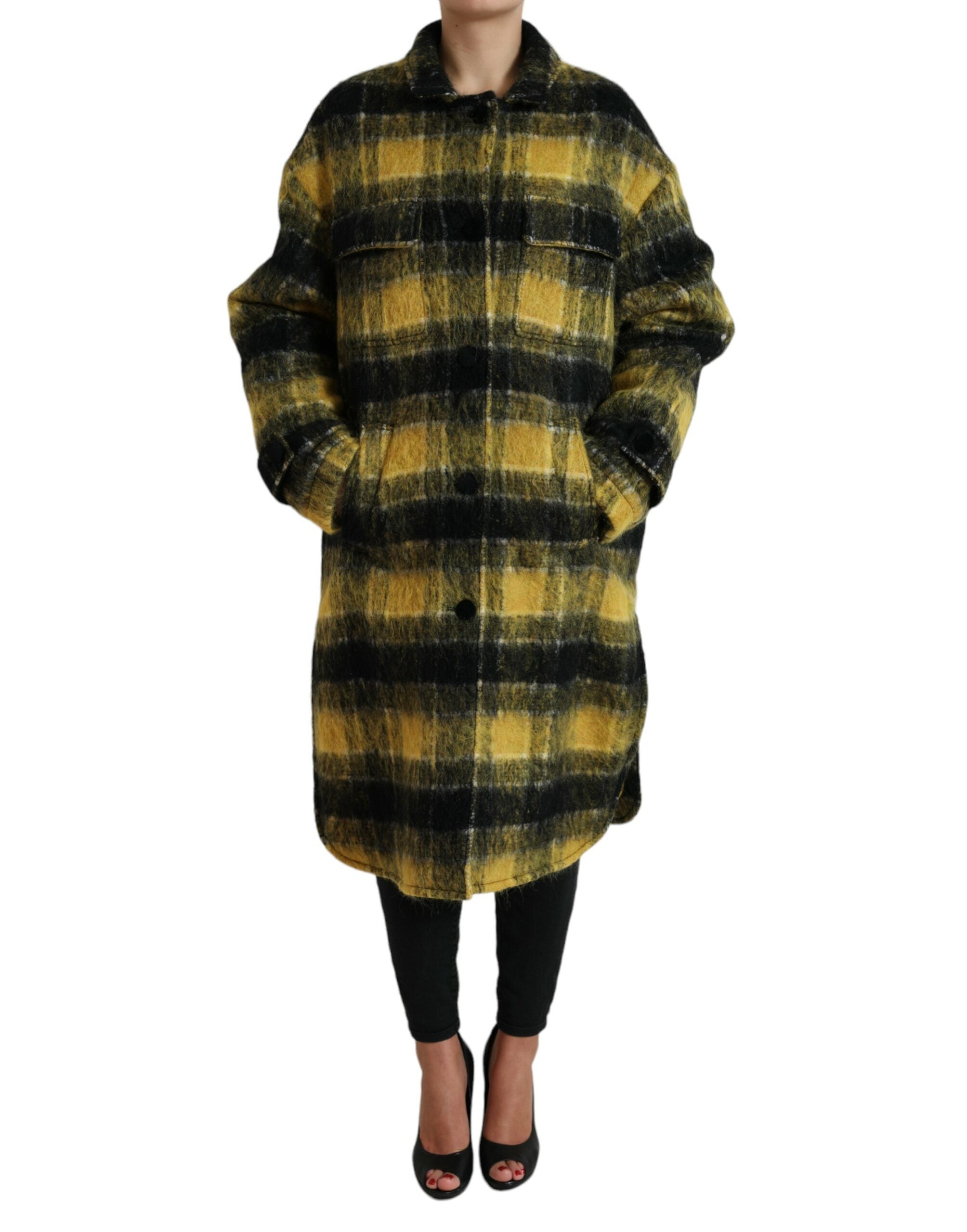 Yellow plaid long sleeve casual coat jacket by Dolce & Gabbana, featuring a stylish plaid pattern and tailored fit.