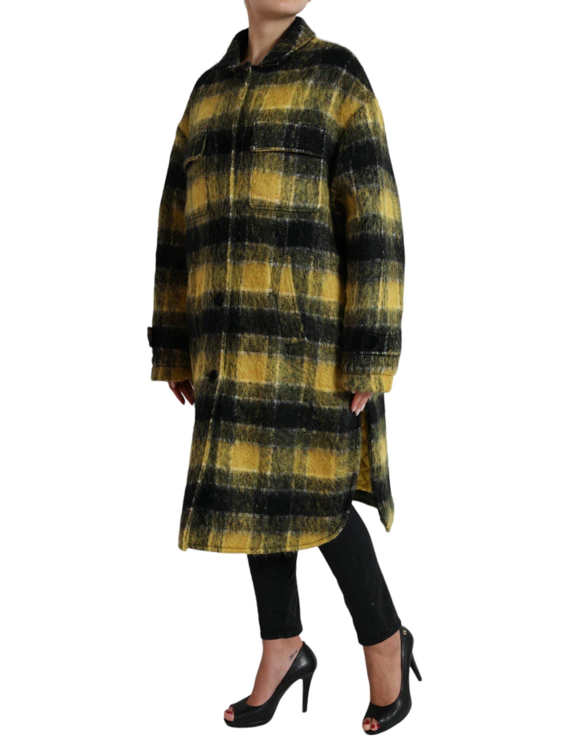 Yellow plaid long sleeve casual coat jacket by Dolce & Gabbana, featuring a stylish plaid pattern and tailored fit.