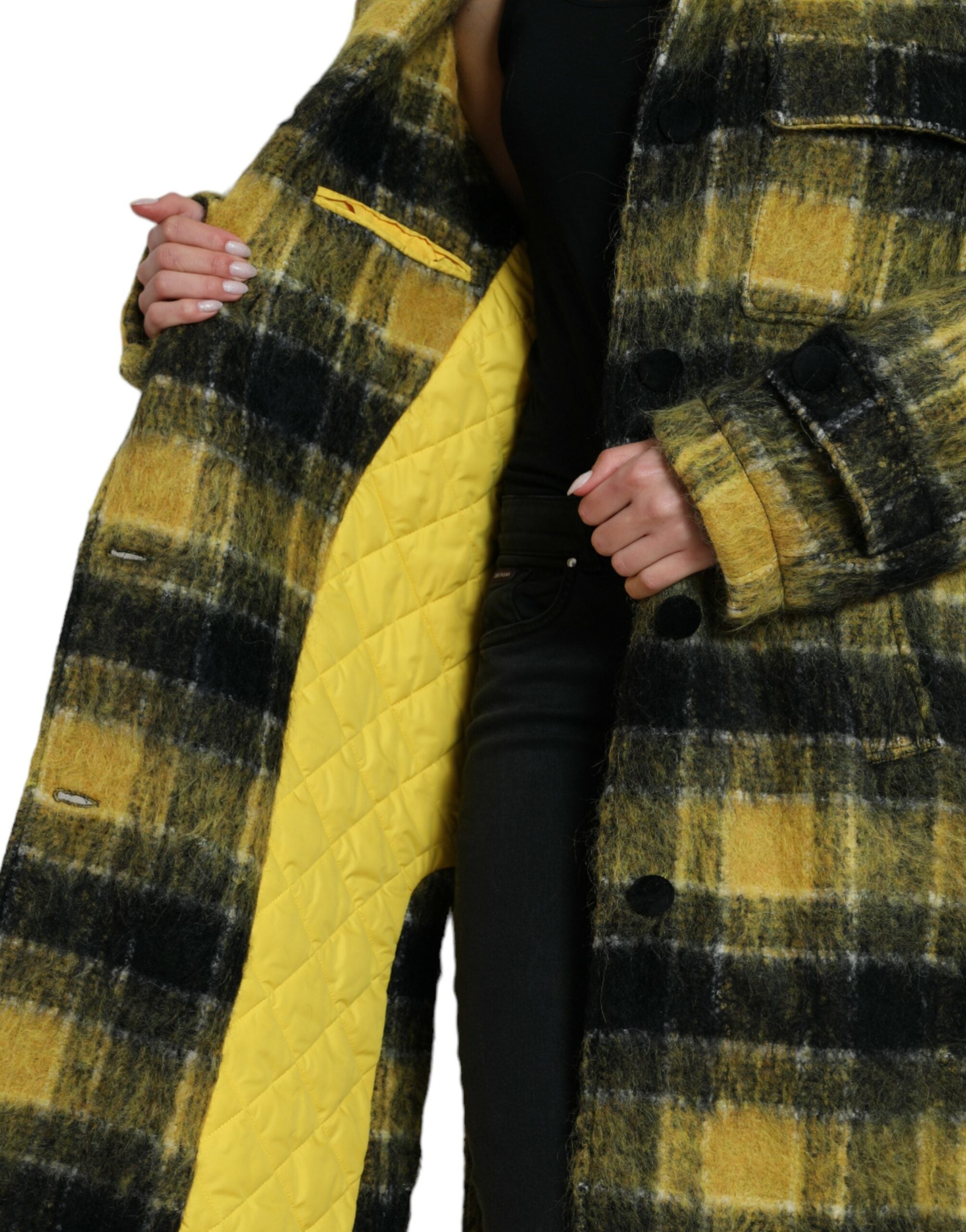 Yellow plaid long sleeve casual coat jacket by Dolce & Gabbana, featuring a stylish pattern and tailored fit.