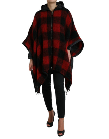 Black and red buffalo check hooded poncho jacket by Dolce & Gabbana, featuring a cozy, plaid design with a hood and relaxed fit.