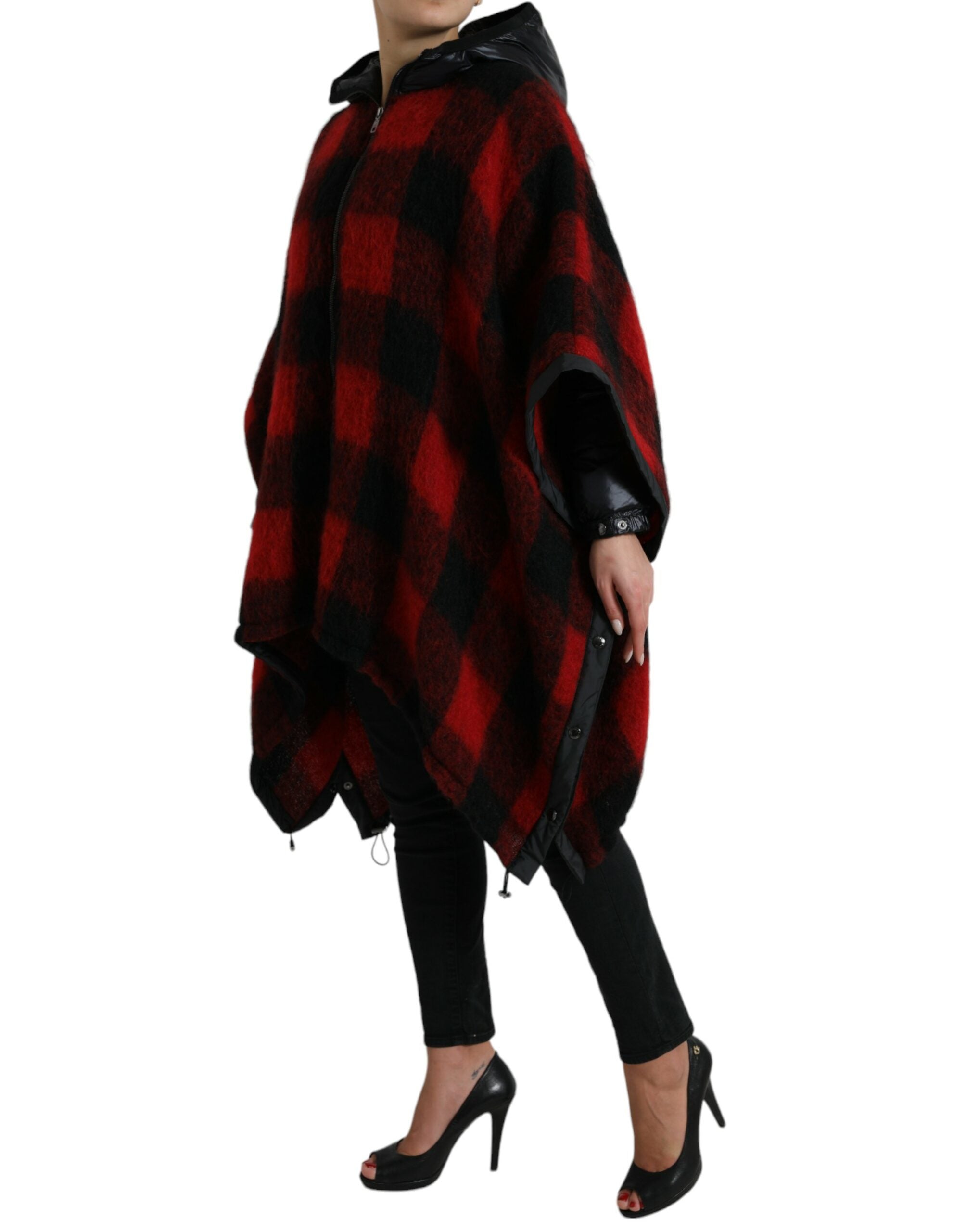 Black and red buffalo check hooded poncho jacket by Dolce & Gabbana, featuring a cozy, stylish plaid design with a hood and relaxed fit.