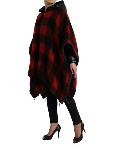 Black and red buffalo check hooded poncho jacket by Dolce & Gabbana, featuring a cozy, stylish plaid design with a hood and relaxed fit.
