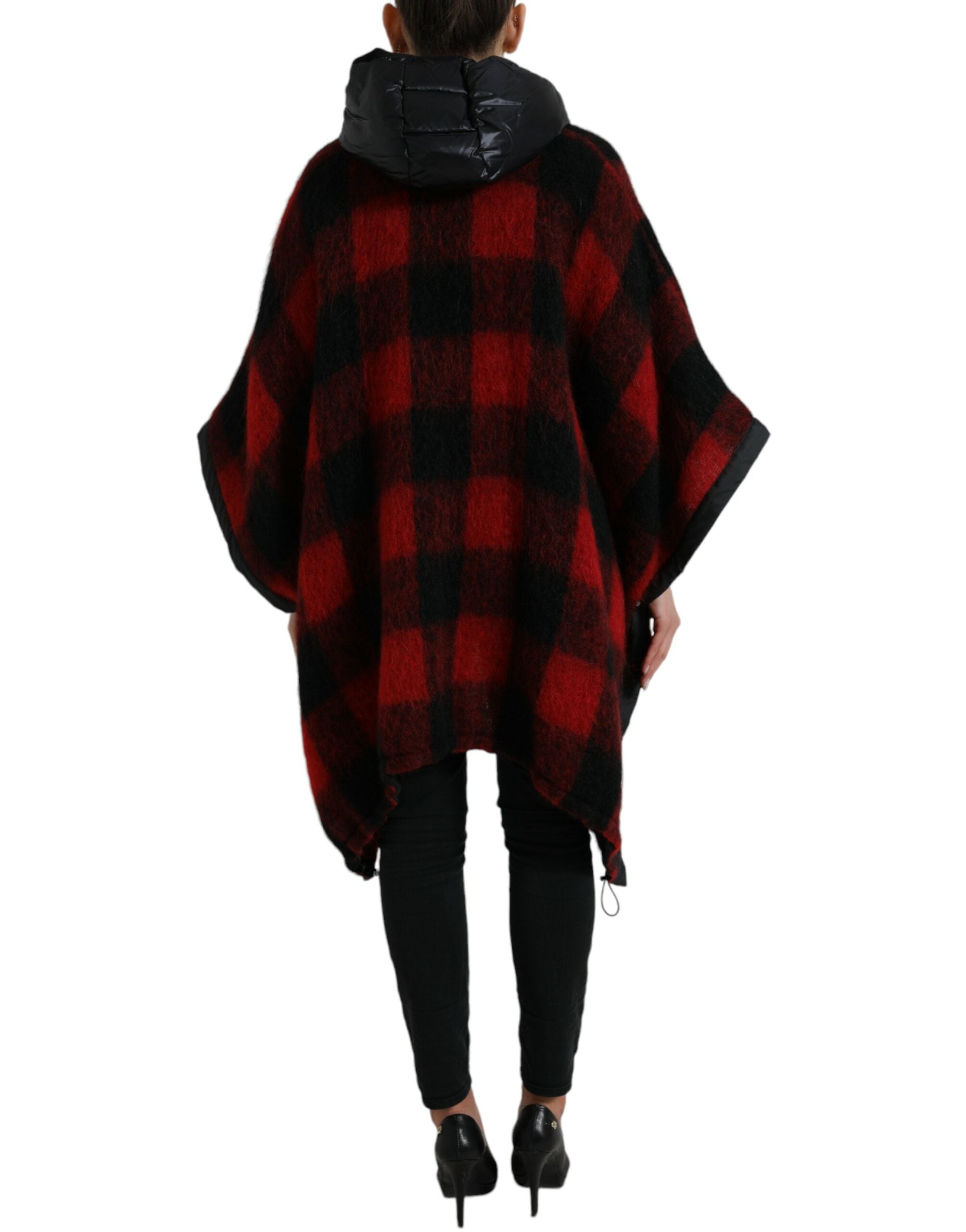 Dolce & Gabbana black and red buffalo check hooded poncho jacket displayed on a model.
