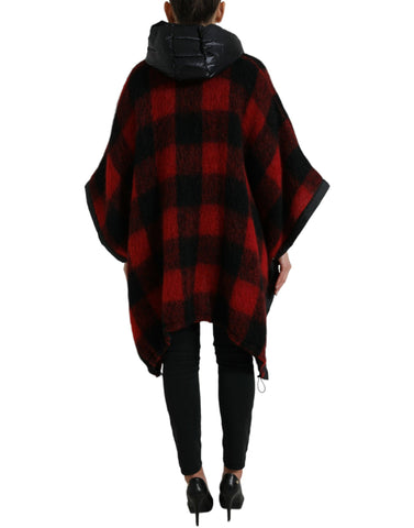 Dolce & Gabbana black and red buffalo check hooded poncho jacket displayed on a model.
