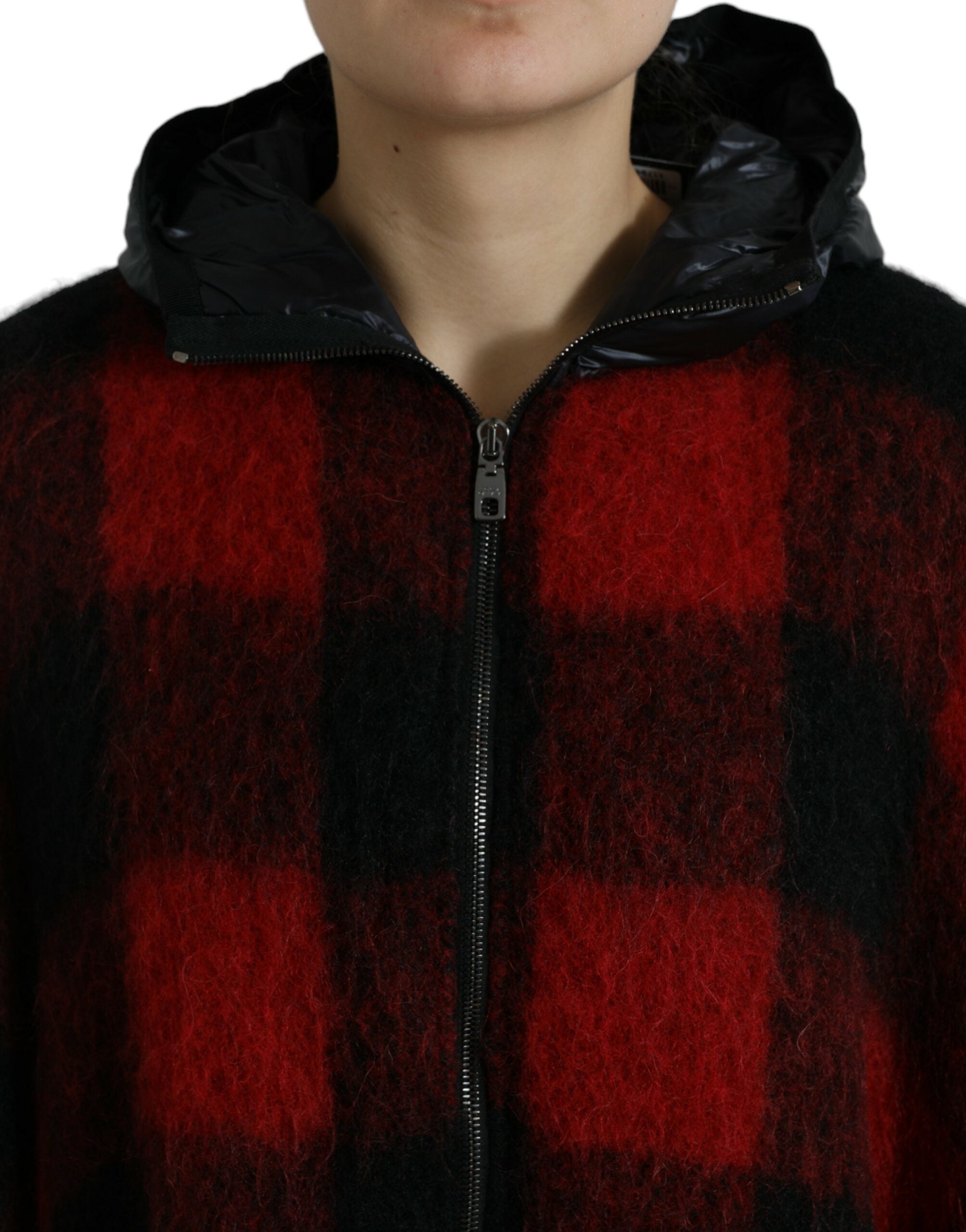 Black and red buffalo check hooded poncho jacket by Dolce & Gabbana, featuring a cozy, stylish design with a hood and checkered pattern.