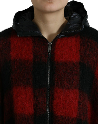Black and red buffalo check hooded poncho jacket by Dolce & Gabbana, featuring a cozy, stylish design with a hood and checkered pattern.