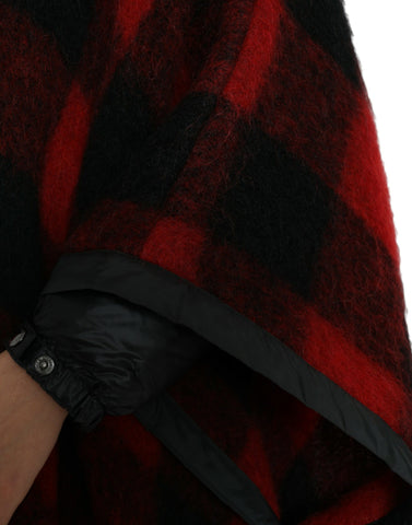 Dolce & Gabbana black and red buffalo check hooded poncho jacket displayed on a model.