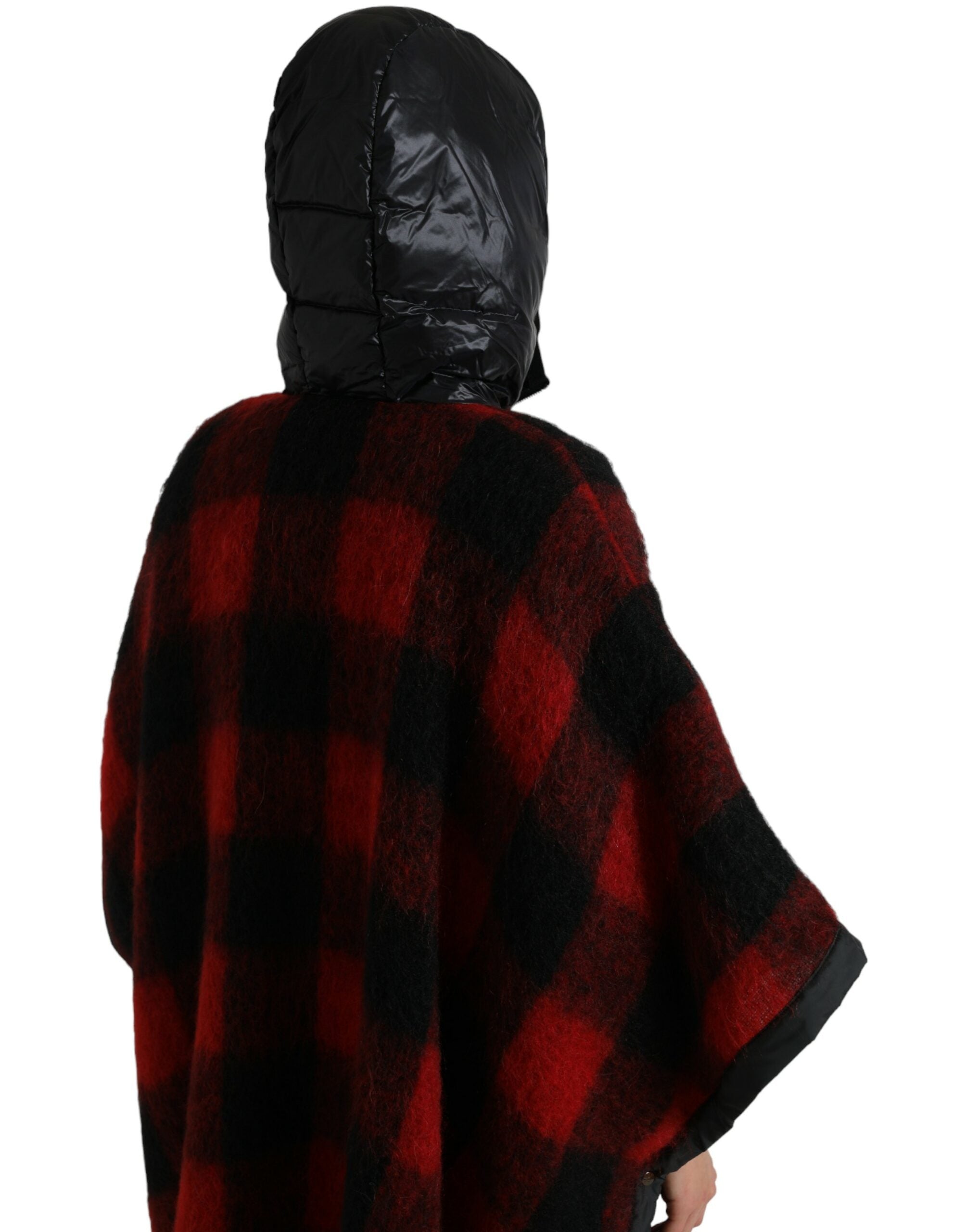 Dolce & Gabbana black and red buffalo check hooded poncho jacket with relaxed fit and front pocket detail.