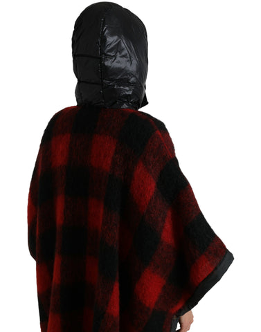 Dolce & Gabbana black and red buffalo check hooded poncho jacket with relaxed fit and front pocket detail.