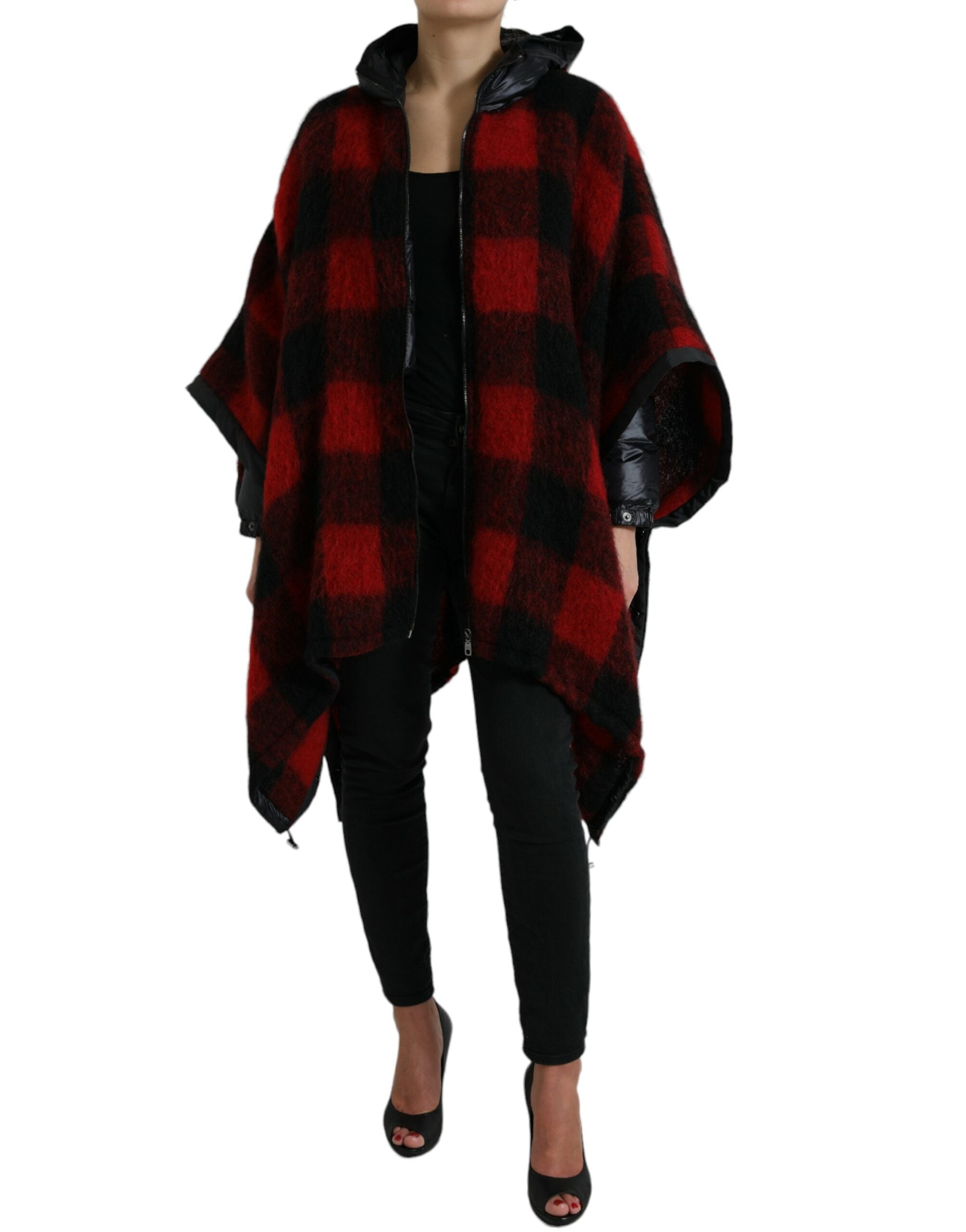 Black and red buffalo check hooded poncho jacket by Dolce & Gabbana, featuring a cozy, stylish plaid design and hooded style.
