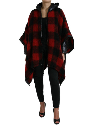 Black and red buffalo check hooded poncho jacket by Dolce & Gabbana, featuring a cozy, stylish plaid design and hooded style.