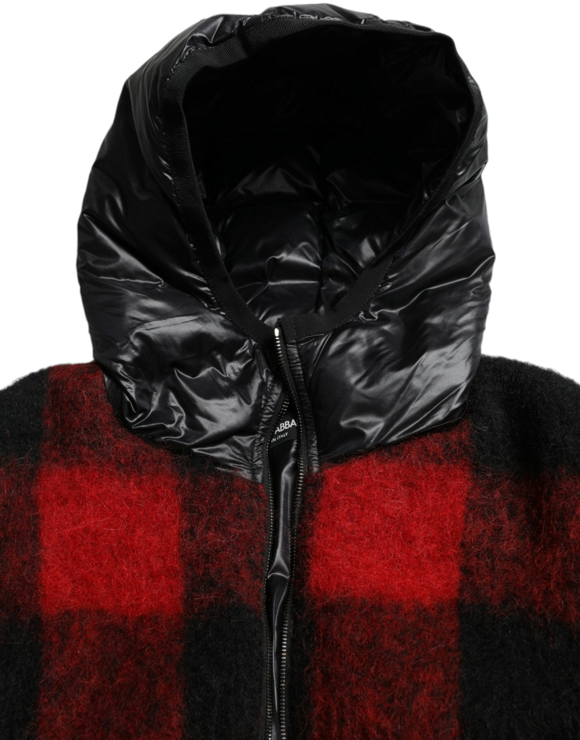 Black and red buffalo check hooded poncho jacket by Dolce & Gabbana, featuring a cozy, stylish plaid design with a hood.