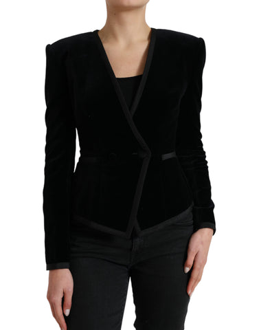 Black velvet cotton double-breasted jacket by Dolce & Gabbana, shown on a hanger with front view and button details.