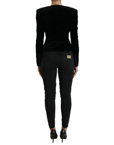 Black velvet cotton double-breasted jacket by Dolce & Gabbana, shown with front view and button details.