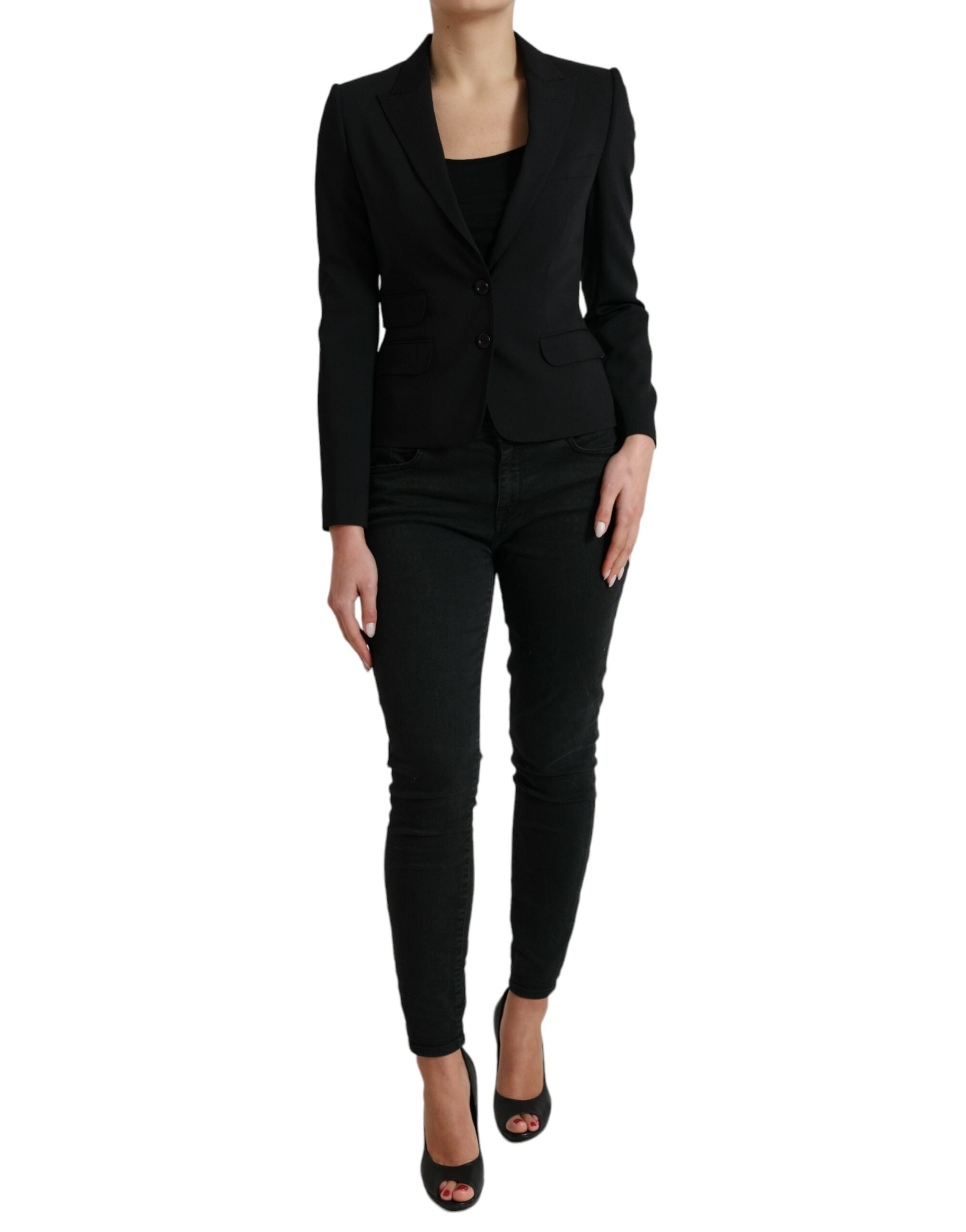 Black wool single-breasted blazer coat by Dolce & Gabbana, featuring classic tailored design and notch lapels.