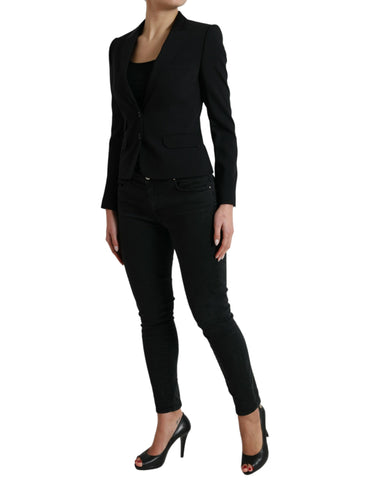 Black wool single-breasted blazer jacket by Dolce & Gabbana, tailored fit with notch lapels and classic design.