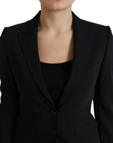 Black wool single-breasted blazer coat by Dolce & Gabbana, tailored fit with lapel collar and button closure, displayed on a mannequin.