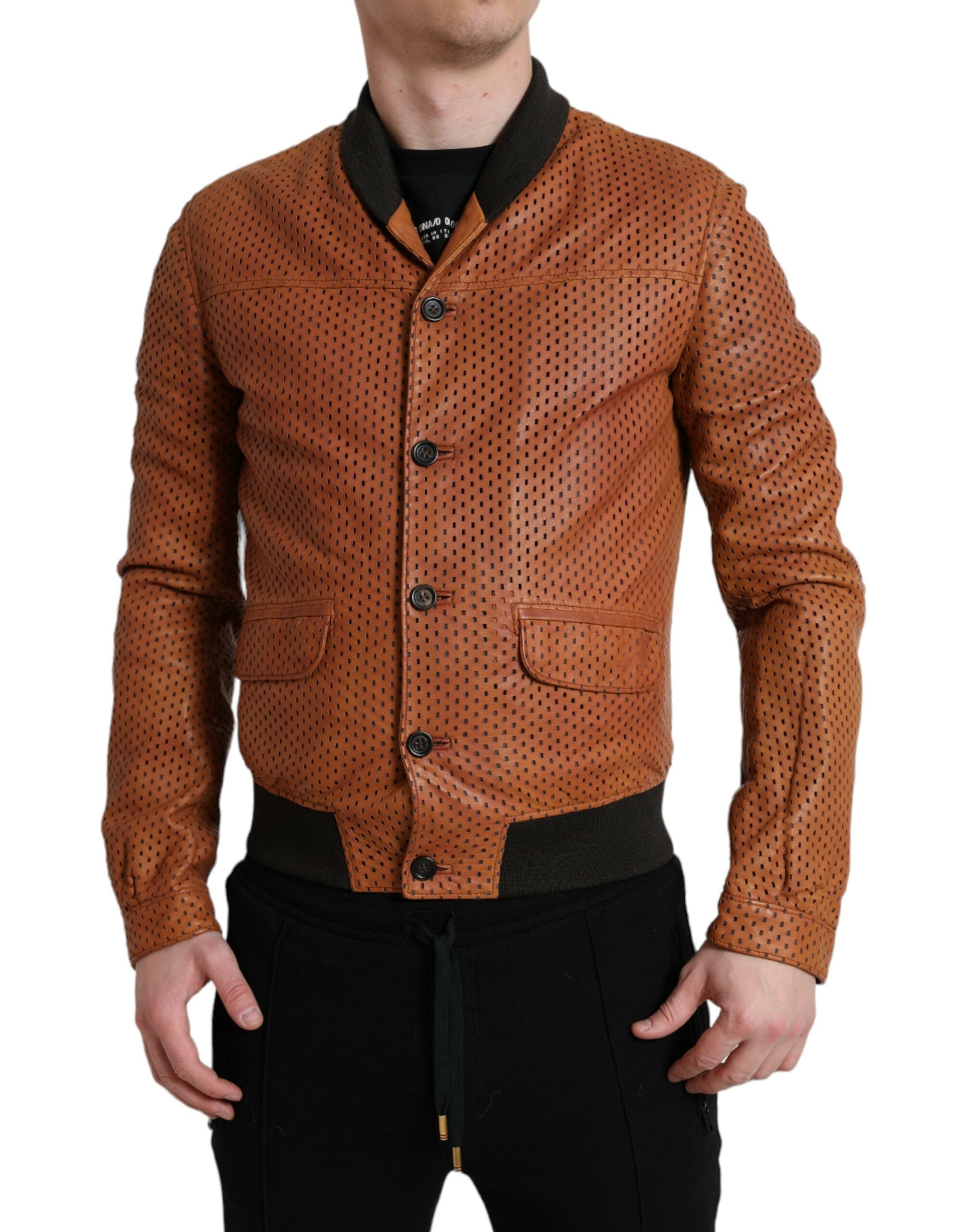 Brown lambskin leather perforated jacket by Dolce & Gabbana, featuring a stylish design and textured finish.
