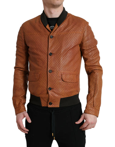 Brown lambskin leather perforated jacket by Dolce & Gabbana, featuring a stylish design and textured finish.