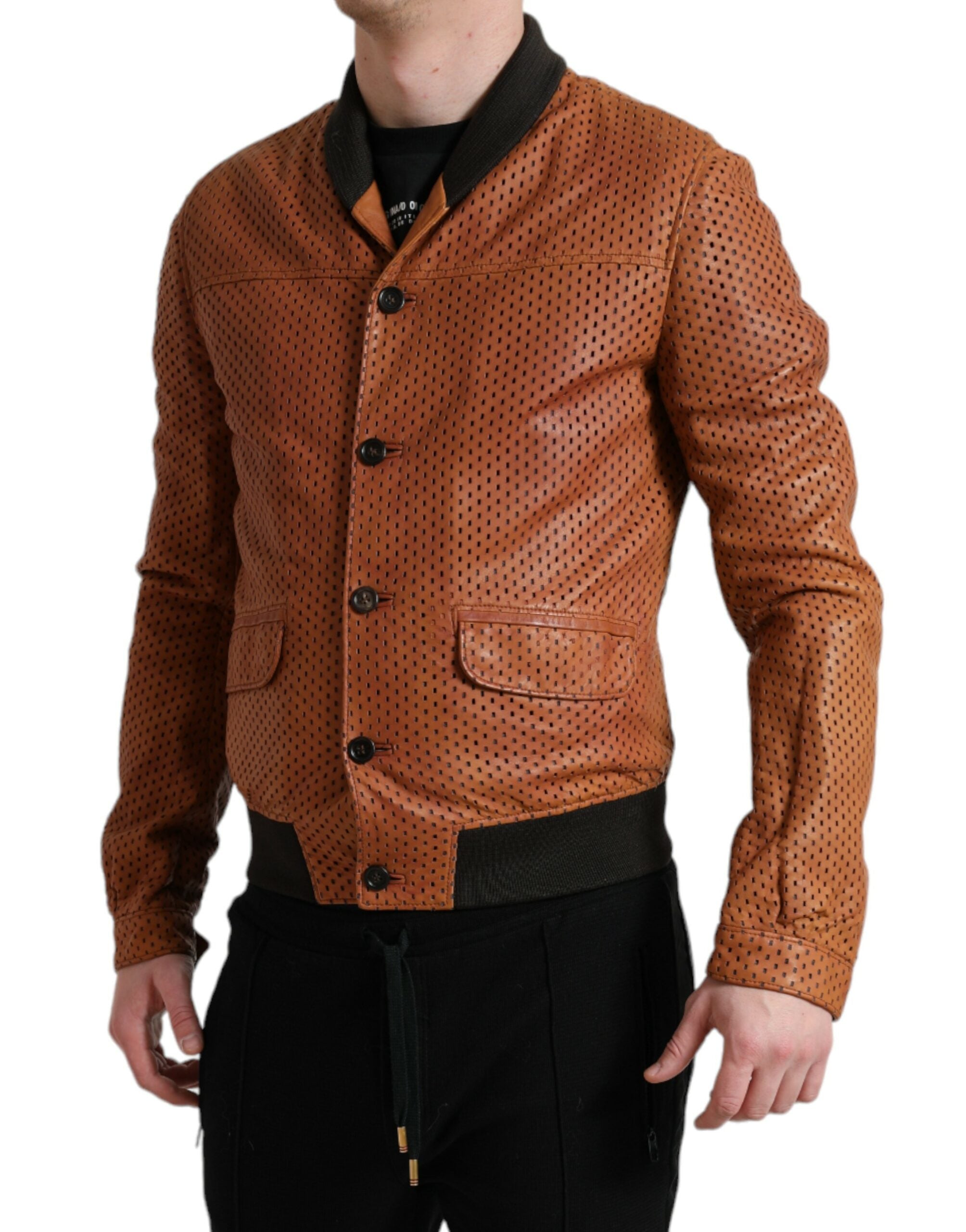 Brown lambskin leather perforated jacket by Dolce & Gabbana, featuring a stylish design and detailed perforations.