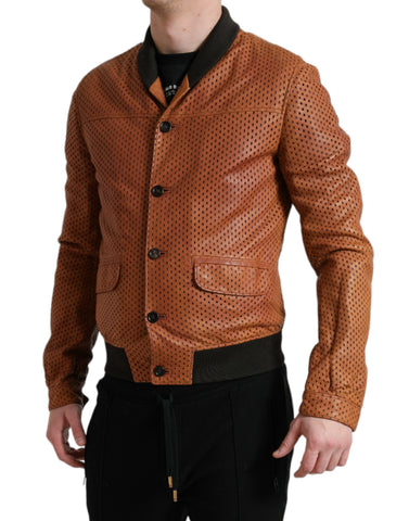 Brown lambskin leather perforated jacket by Dolce & Gabbana, featuring a stylish design and detailed perforations.