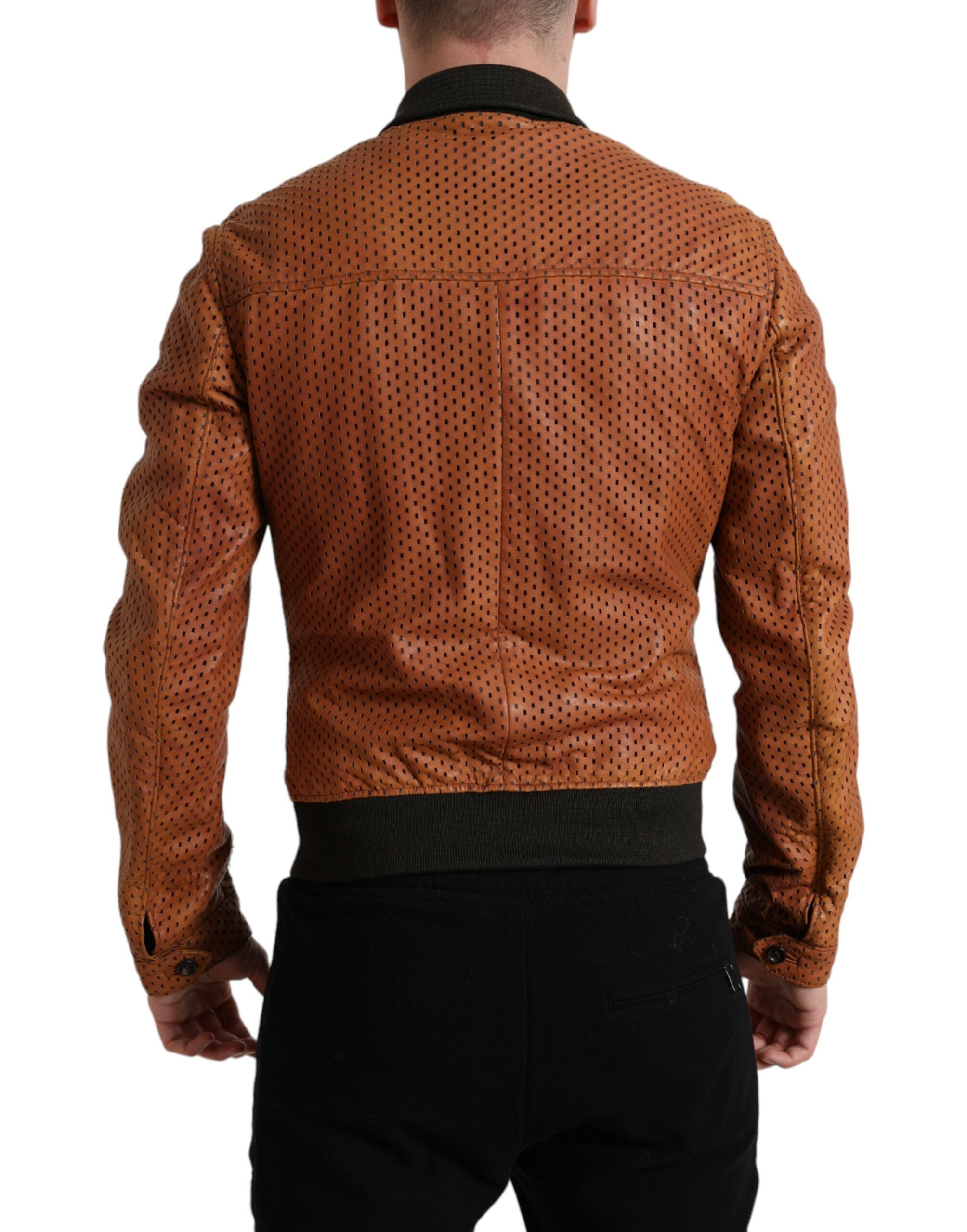 Brown lambskin leather perforated jacket by Dolce & Gabbana, featuring a stylish design and textured perforations.
