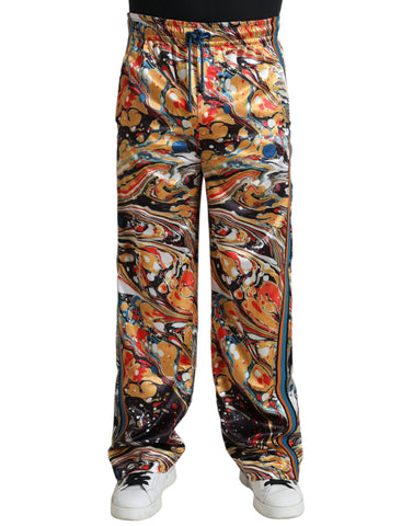 Multicolor marble print satin pants by Dolce & Gabbana, featuring a luxurious smooth fabric and vibrant pattern for stylish wear.