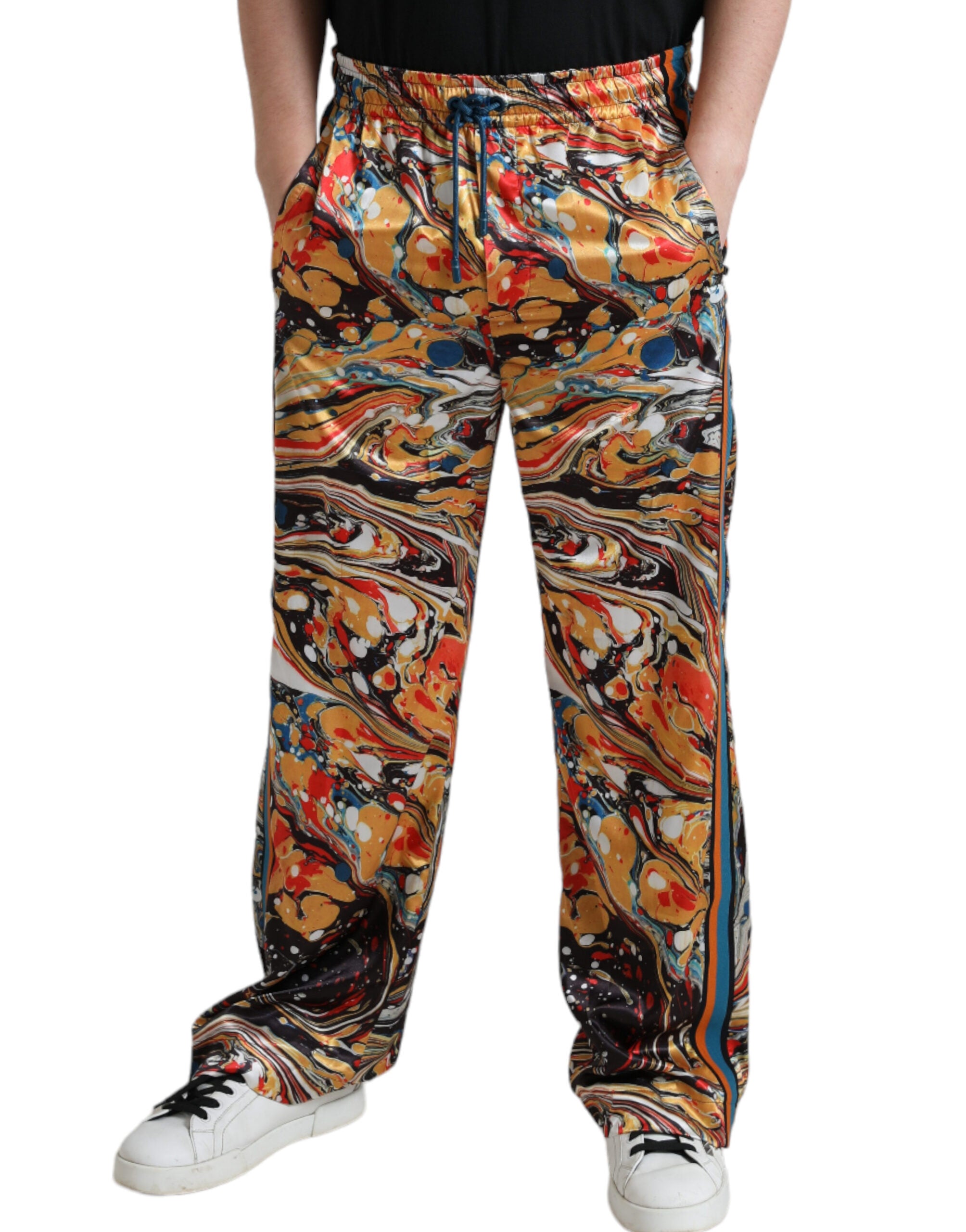 Multicolor marble print satin pants by Dolce & Gabbana, featuring a luxurious, smooth fabric with a vibrant, artistic design.