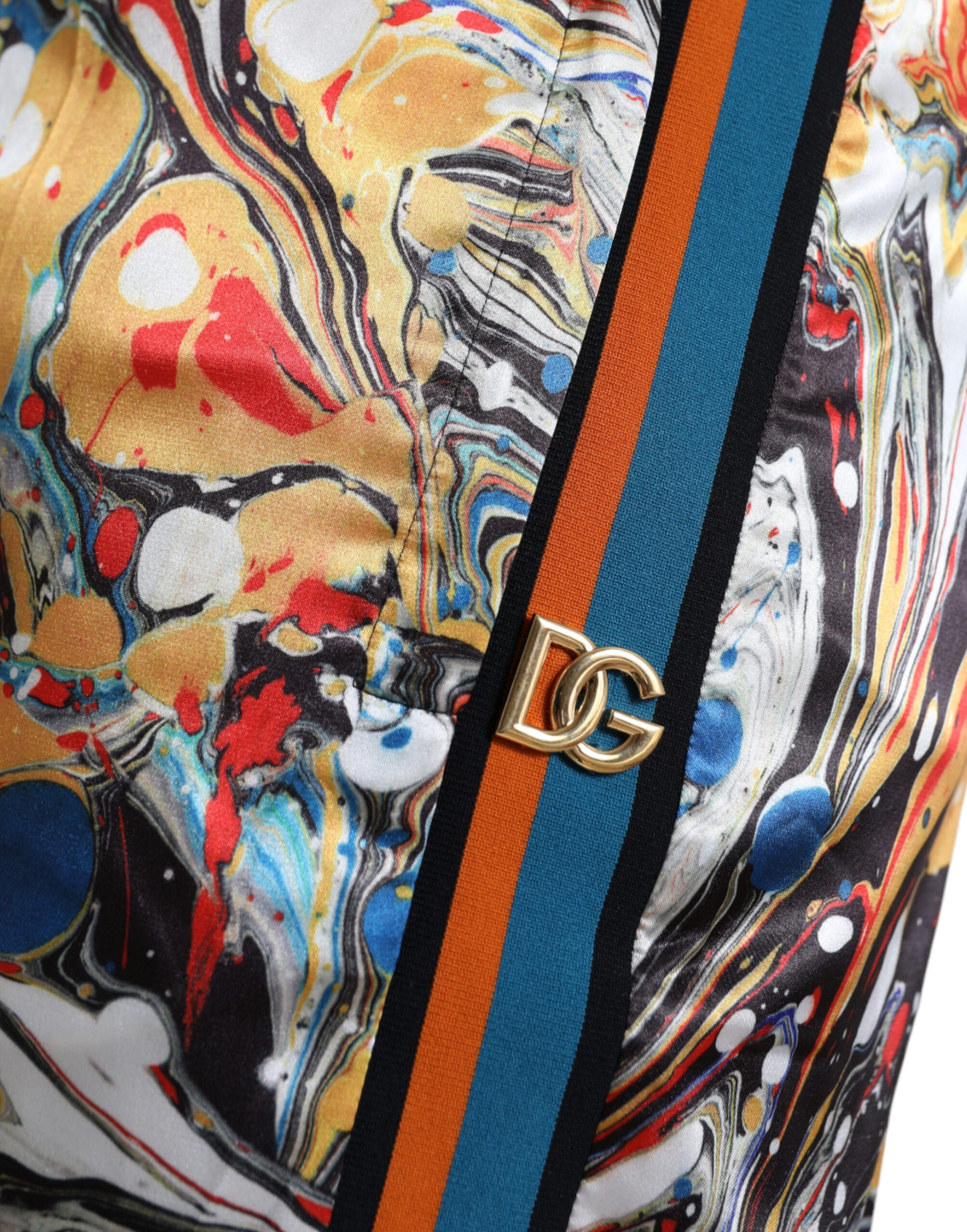 Multicolor marble print satin pants by Dolce & Gabbana, featuring a sleek, shiny fabric and stylish design.