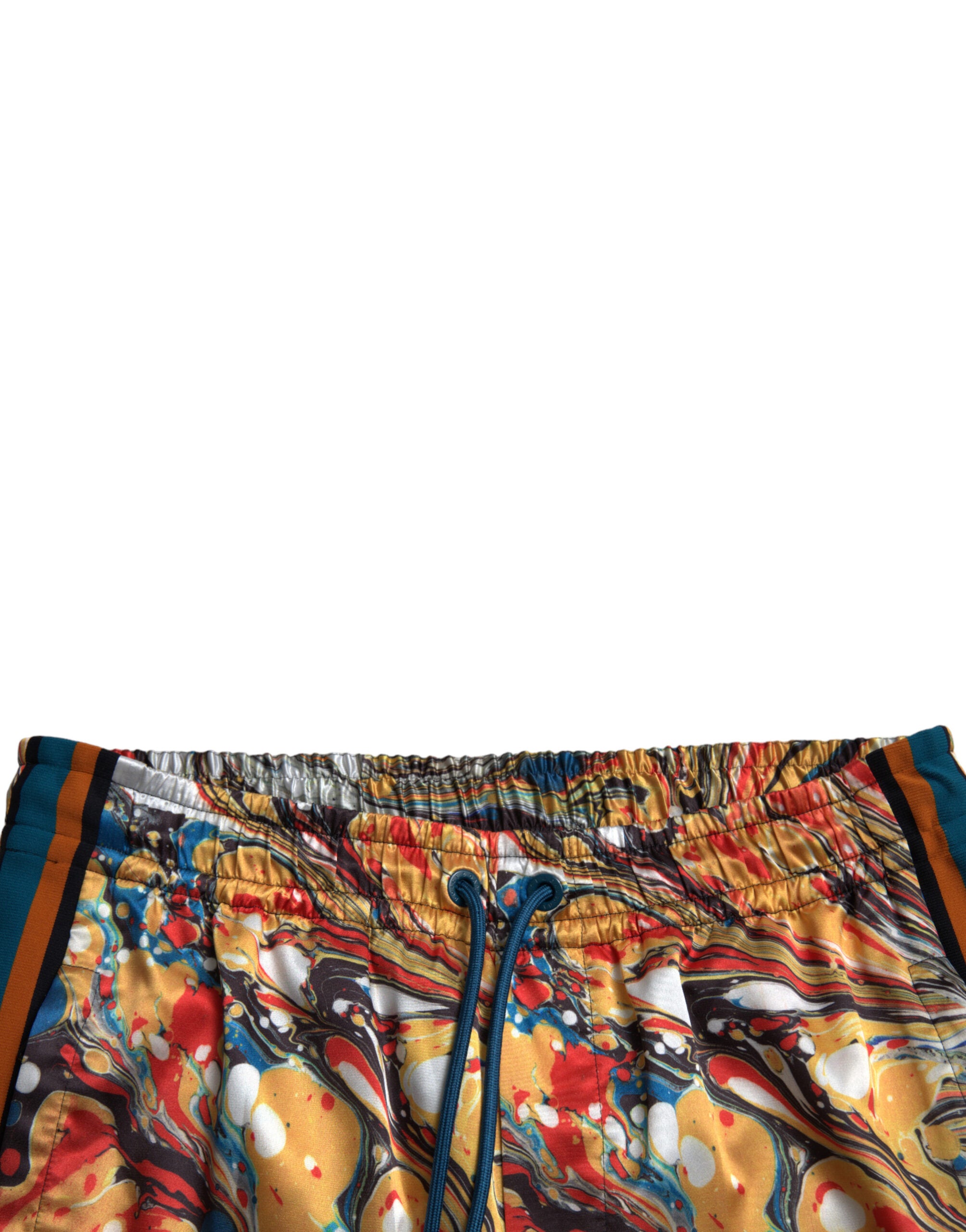 Multicolor marble print satin pants by Dolce & Gabbana showing a stylish, flowy design with vibrant marble patterns.
