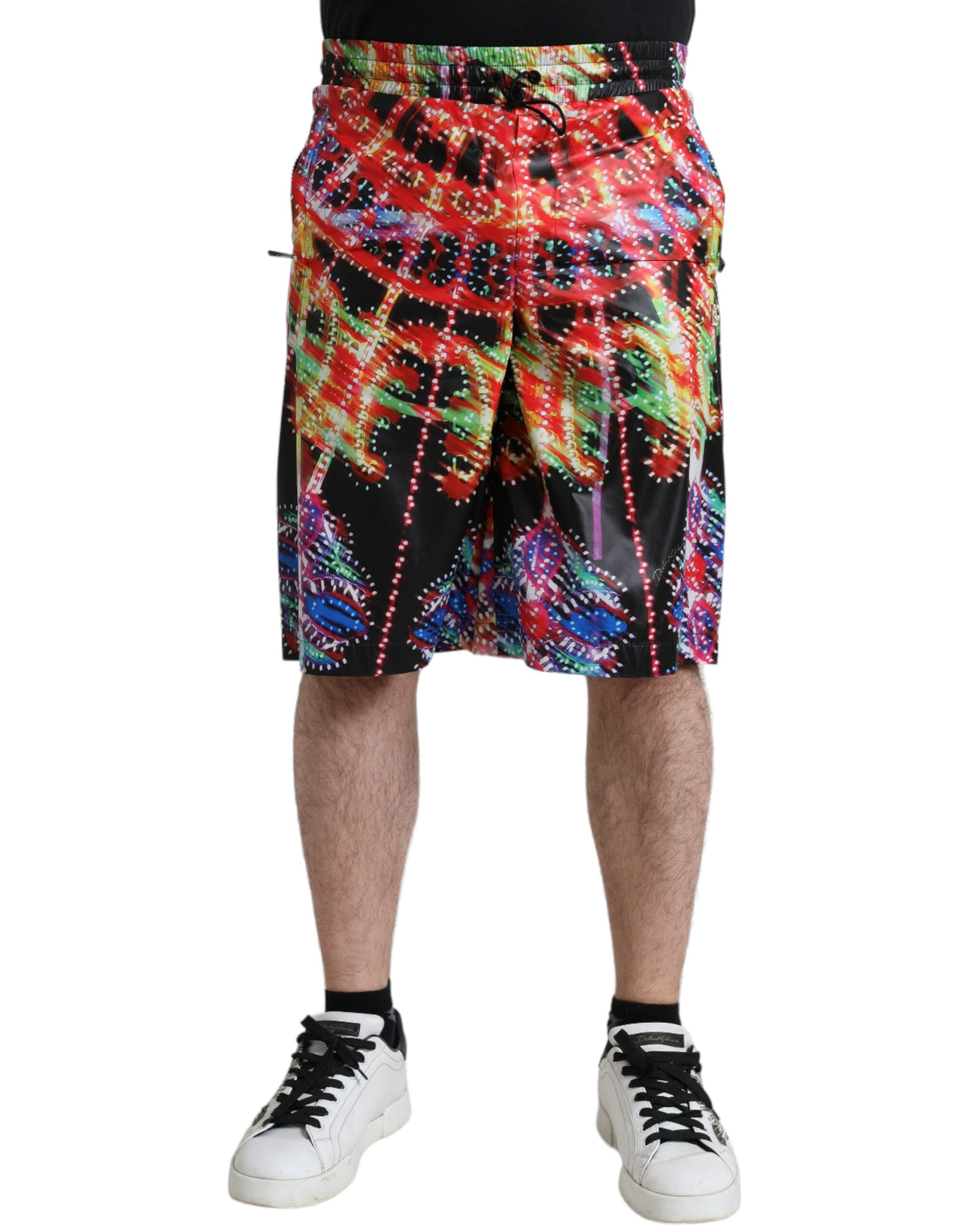 Multicolor Luminarie print men’s Bermuda shorts by Dolce & Gabbana with vibrant, artistic patterns and relaxed fit.