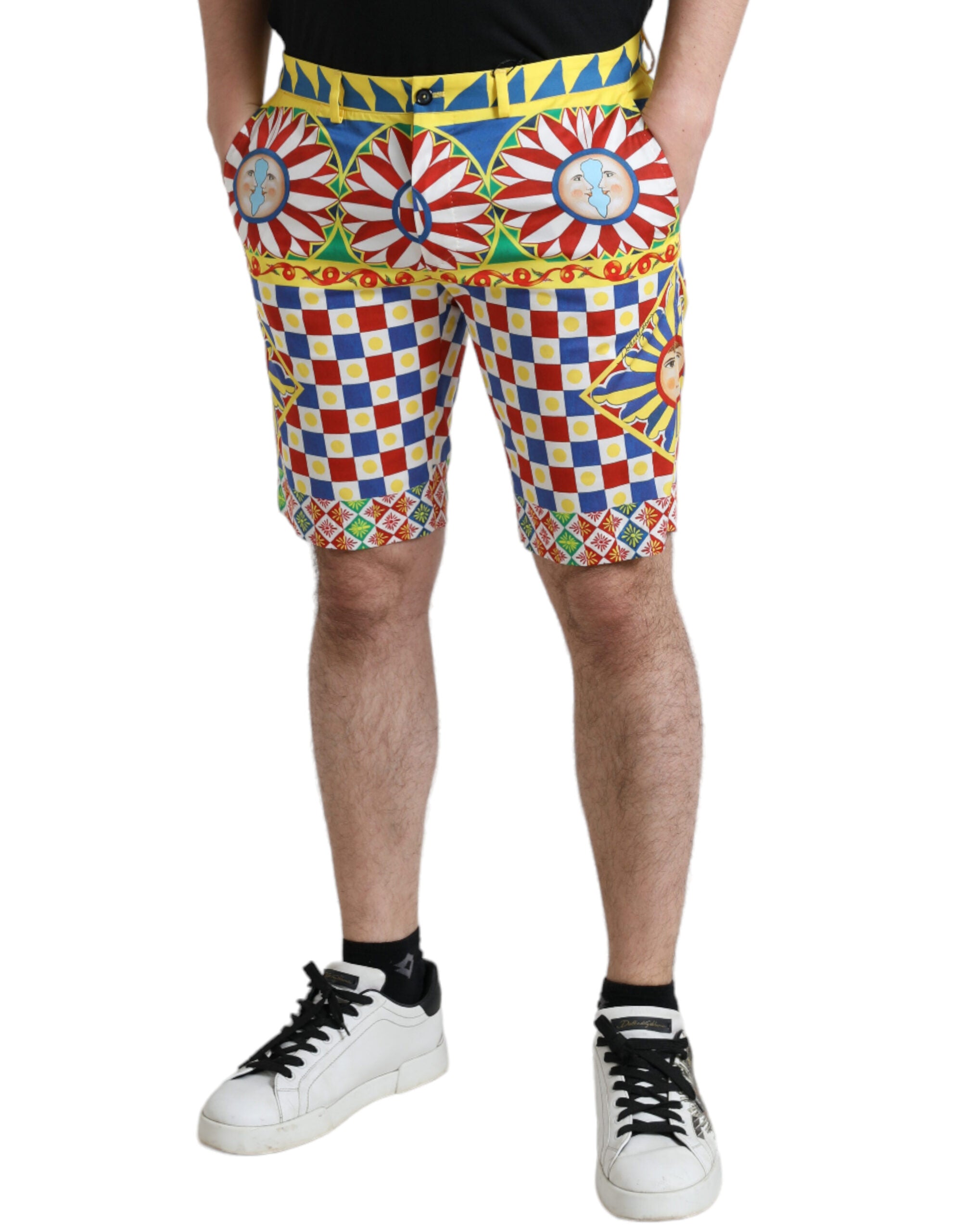 Multicolor Carretto print men's Bermuda shorts by Dolce & Gabbana with vibrant pattern and casual fit.