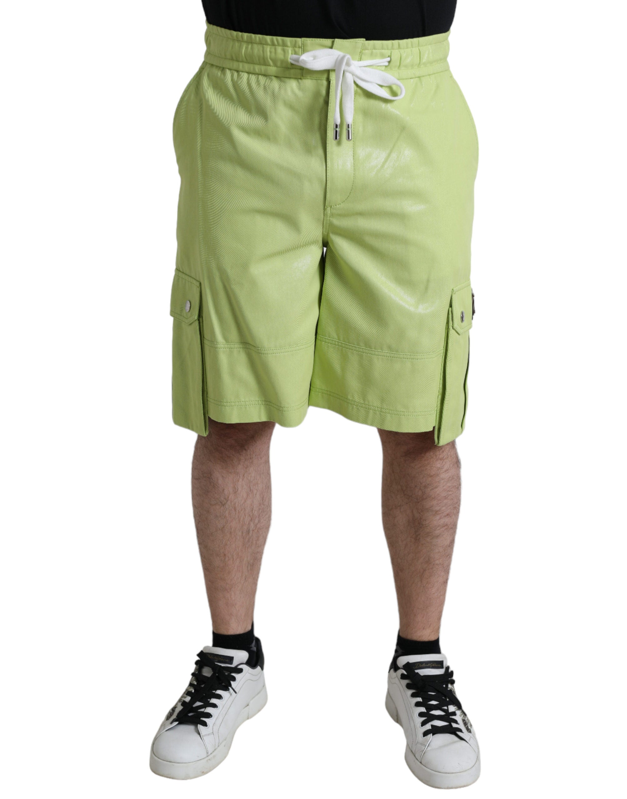 Light green cotton cargo Bermuda shorts for men by Dolce & Gabbana, featuring multiple pockets and a relaxed fit.