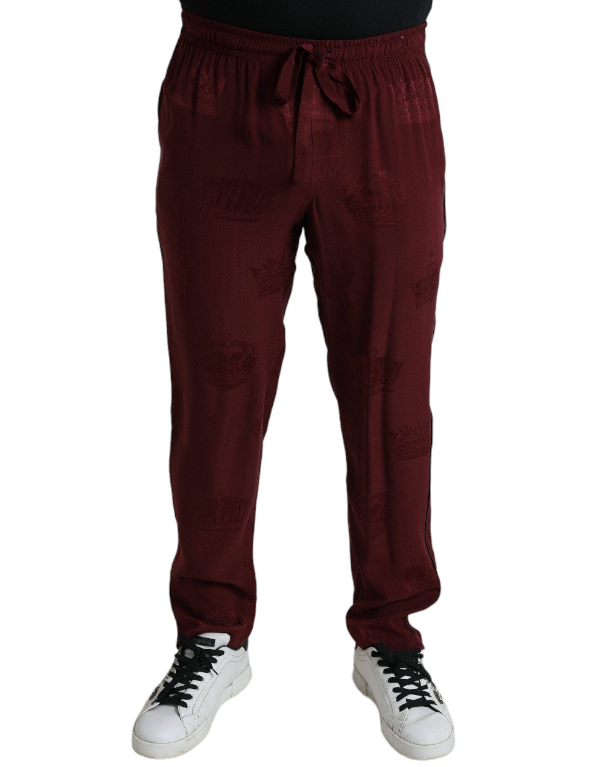 Maroon silk pajama pants with crown pattern from Dolce & Gabbana, featuring a relaxed fit and elegant design.