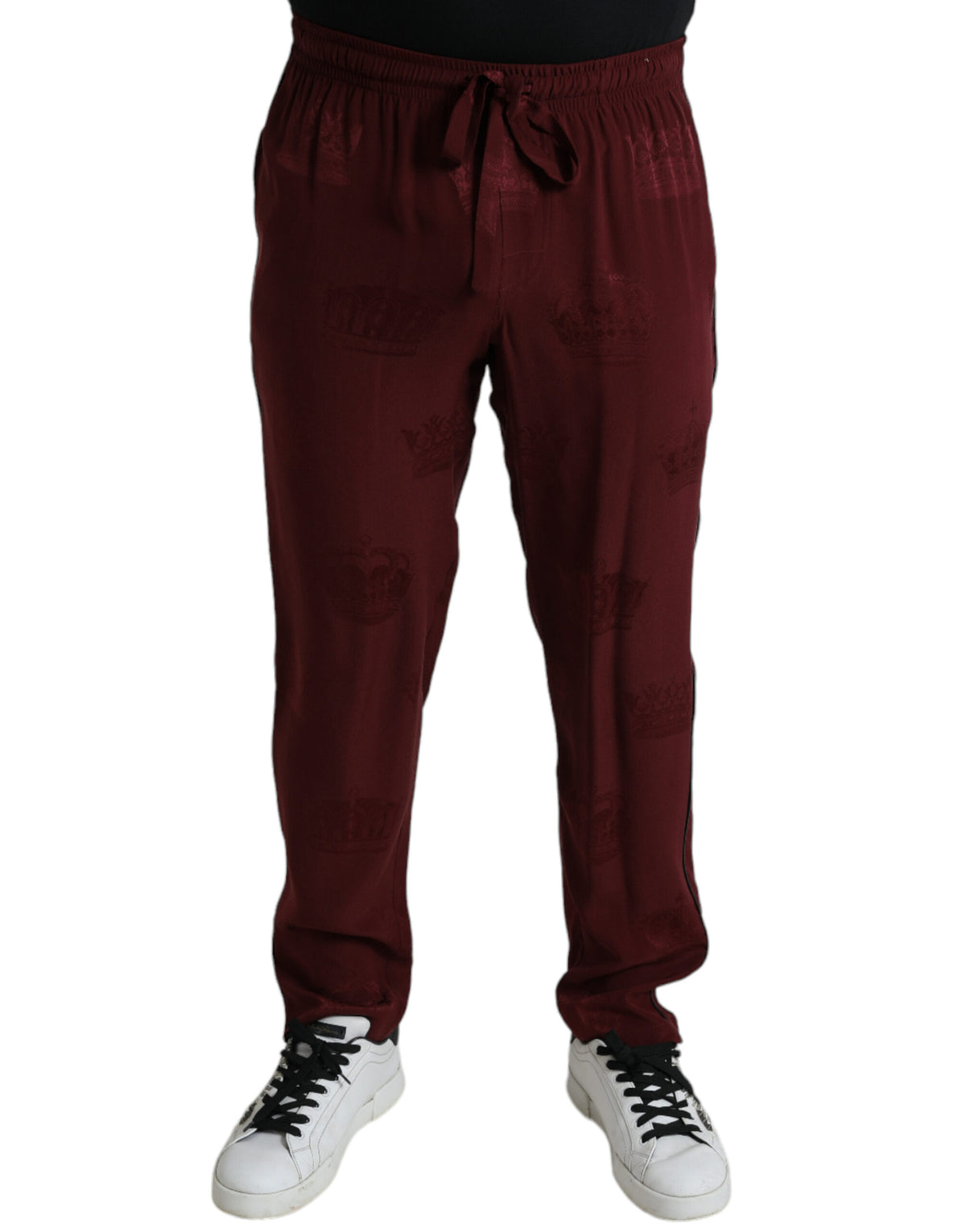 Maroon silk pajama pants with crown pattern from Dolce & Gabbana, featuring a relaxed fit and elegant design.