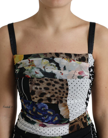 Multicolor patchwork floral and leopard print midi bodycon dress by Dolce & Gabbana, featuring vibrant patchwork design and fitted silhouette.