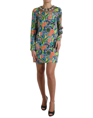 Multicolor geometric print silk midi dress by Dolce & Gabbana featuring crystal embellishments and a fitted silhouette.