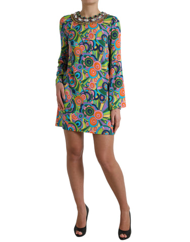 Multicolor geometric print silk midi dress by Dolce & Gabbana, featuring crystals and a stylish, flowing design.