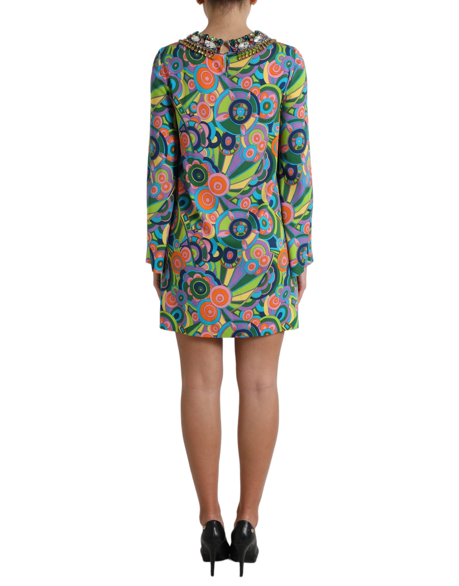 Multicolor geometric print silk midi dress by Dolce & Gabbana featuring crystal embellishments and a flowing silhouette.