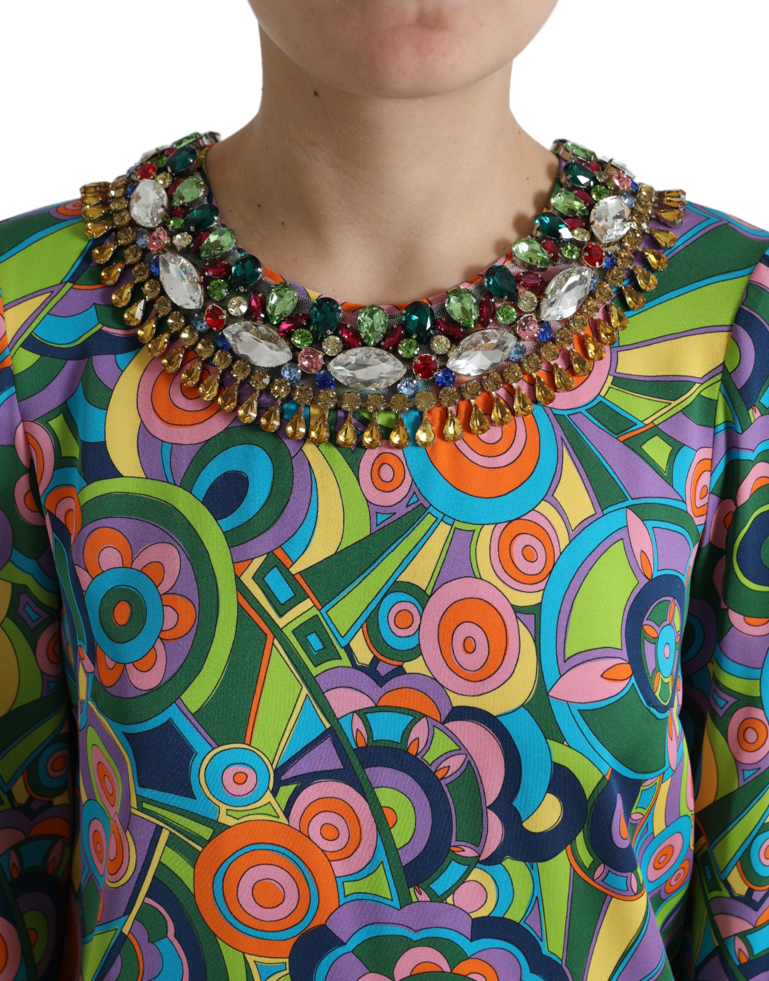 Multicolor geometric print silk midi dress by Dolce & Gabbana featuring crystal embellishments and a flowing silhouette.