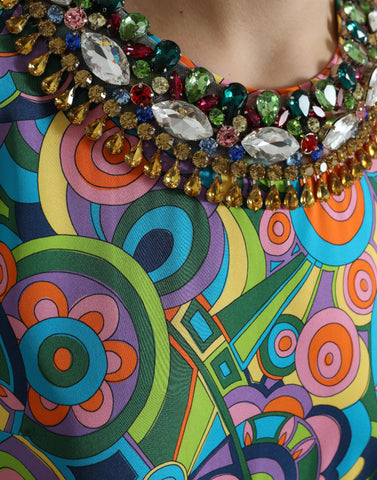 Multicolor geometric print silk midi dress by Dolce & Gabbana featuring crystals and a flowing design.