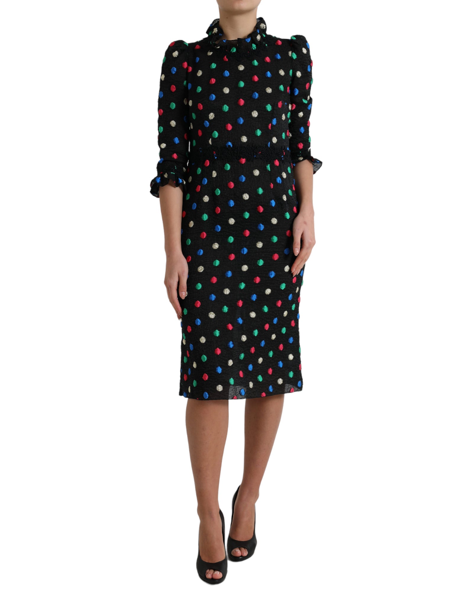 Black polka dot ruffle cotton midi dress by Dolce & Gabbana, featuring a flowing silhouette and playful ruffle details.