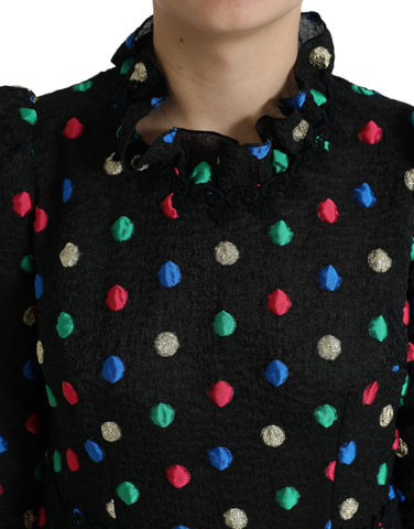 Black polka dot ruffle cotton midi dress by Dolce & Gabbana, featuring a flattering fit with playful ruffle accents.