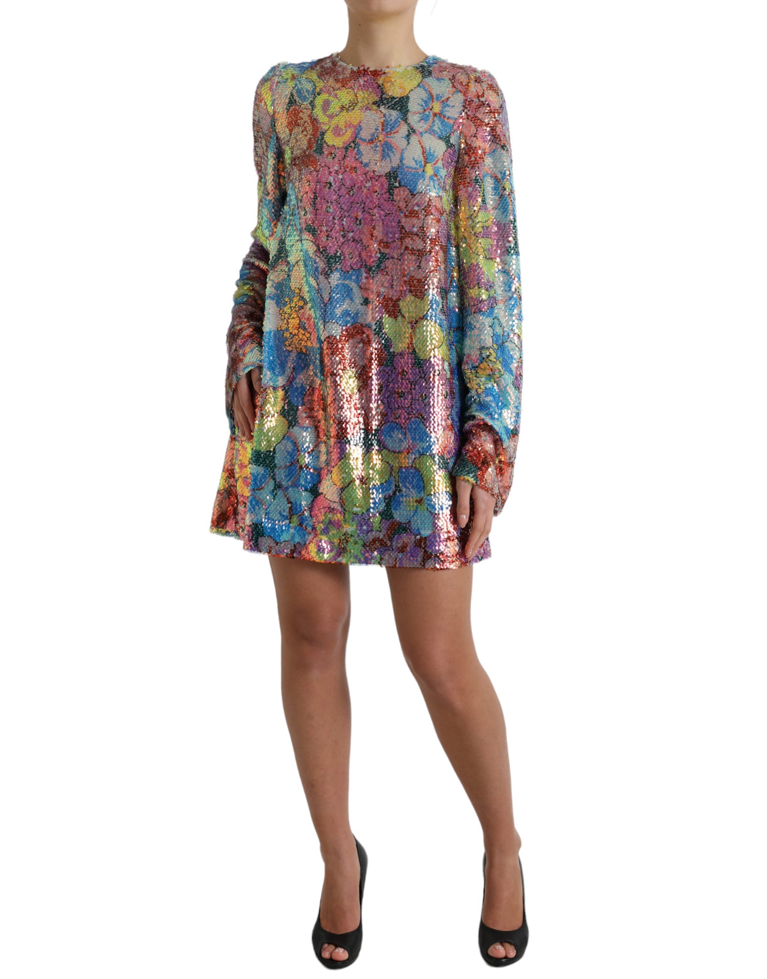 Multicolor floral sequined shift mini dress by Dolce & Gabbana with vibrant floral patterns and shimmering sequins.