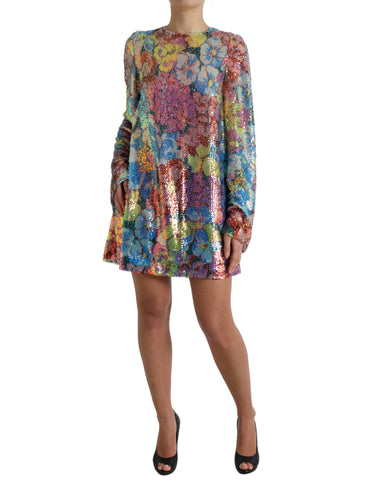 Multicolor floral sequined shift mini dress by Dolce & Gabbana with vibrant floral patterns and shimmering sequins.